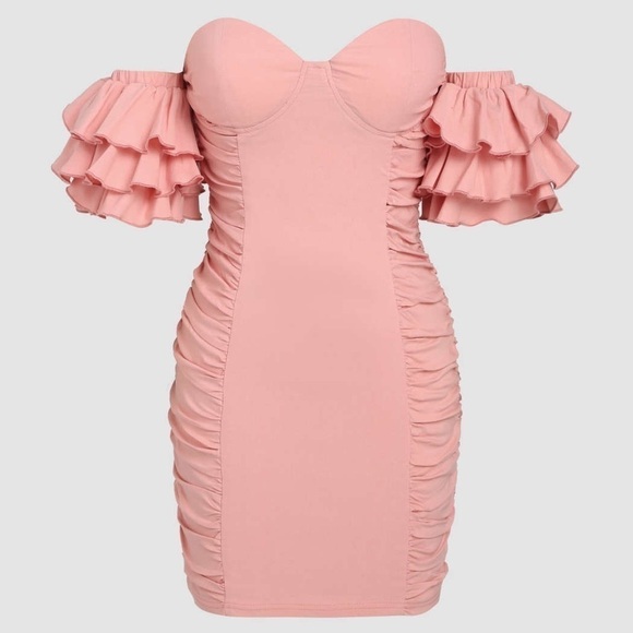 NWT CIDER Pink Ruffle Sleeve Ruched Mini Dress - Picture 2 of 13